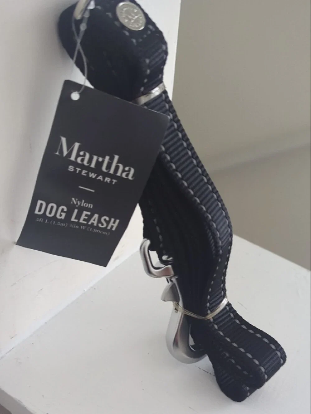 Martha Stewart Black Nylon Dog Leash with White Reflective Stitching